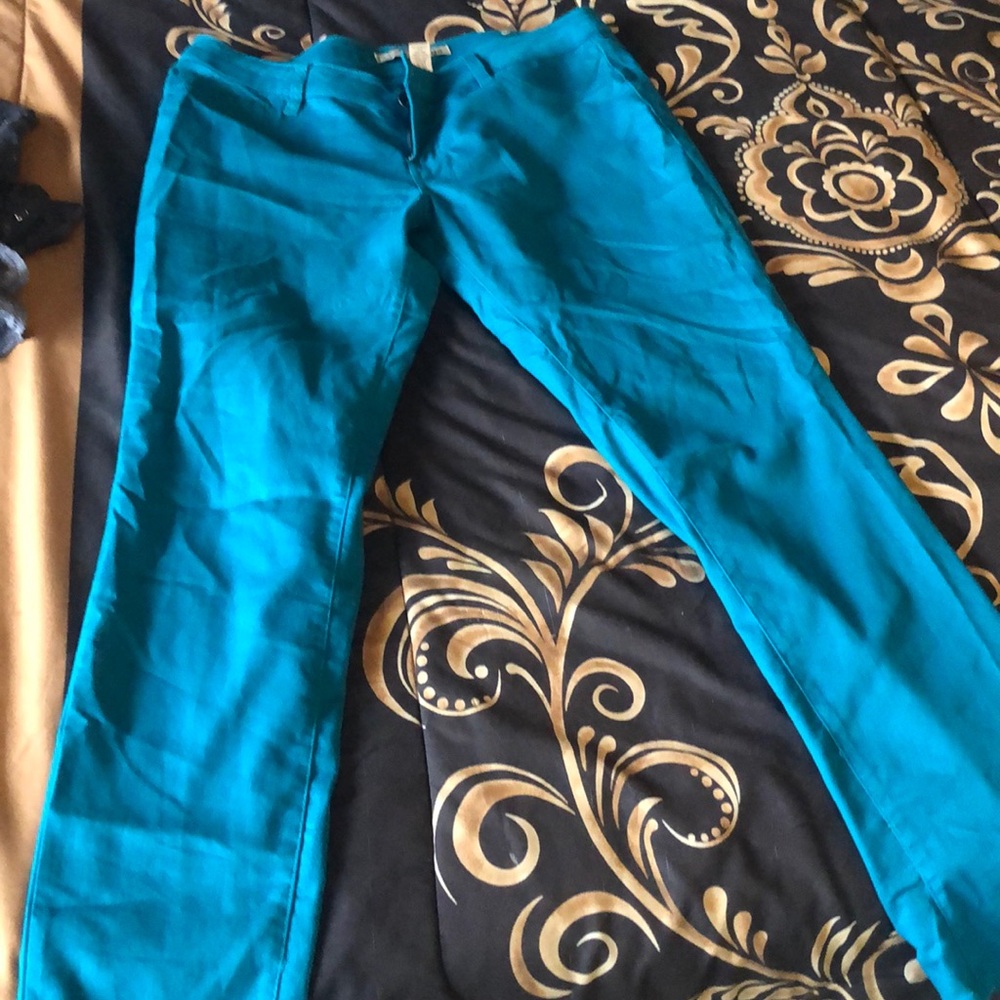 Refuge. Teal colored pants. Worn as jeans